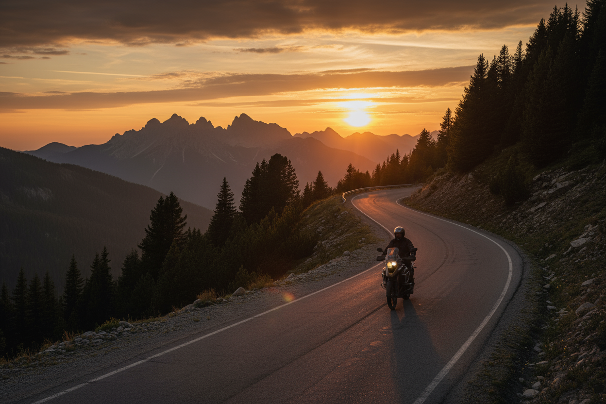 Peaceful mountain sunset motorcycle ride